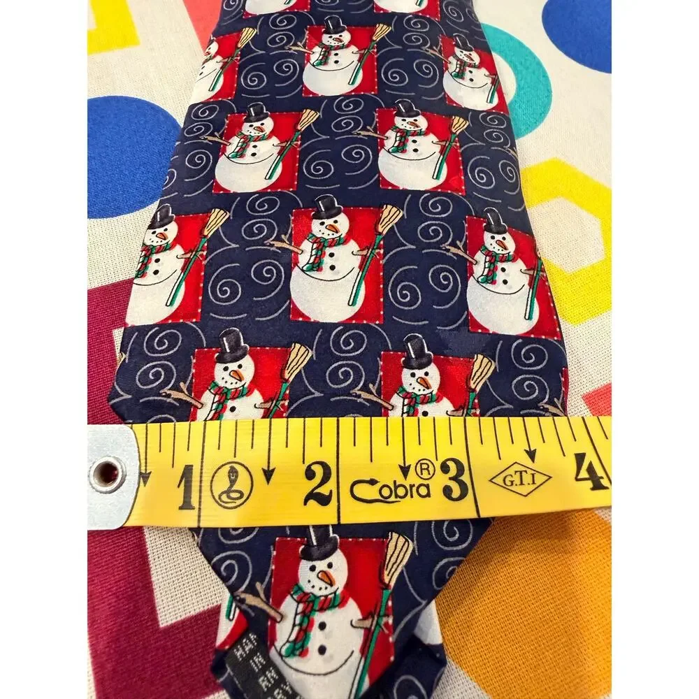 Vintage Holidays Silk Men's Tie - Festive Snowman Patchwork Pattern, Hand Made